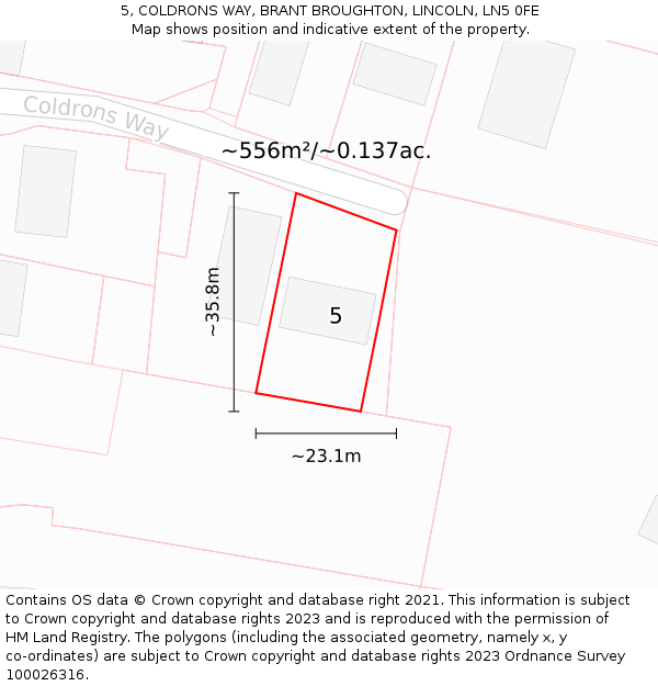 5, COLDRONS WAY, BRANT BROUGHTON, LINCOLN, LN5 0FE: Plot and title map