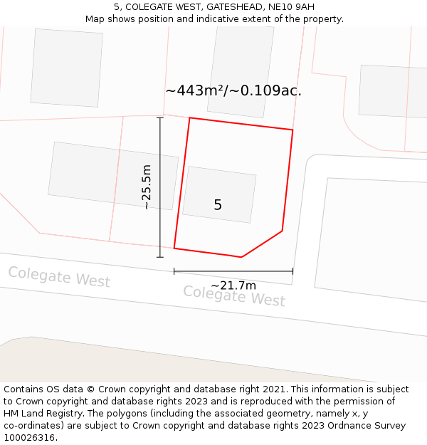 5, COLEGATE WEST, GATESHEAD, NE10 9AH: Plot and title map
