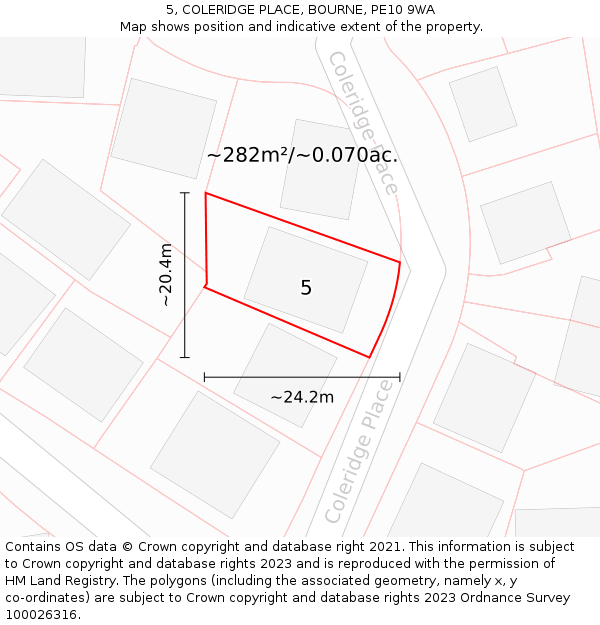 5, COLERIDGE PLACE, BOURNE, PE10 9WA: Plot and title map