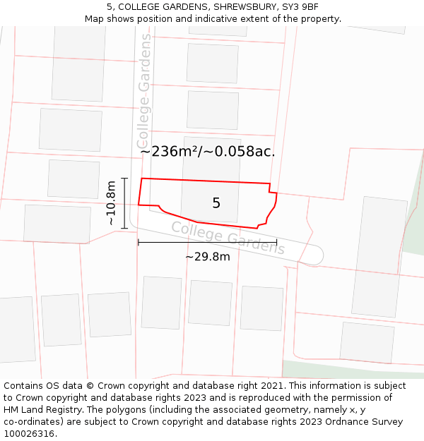 5, COLLEGE GARDENS, SHREWSBURY, SY3 9BF: Plot and title map