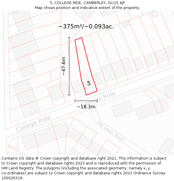 5, COLLEGE RIDE, CAMBERLEY, GU15 4JP: Plot and title map