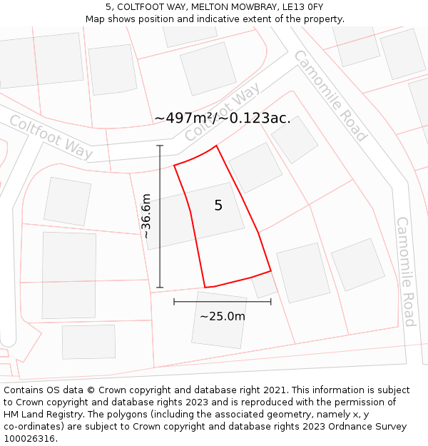 5, COLTFOOT WAY, MELTON MOWBRAY, LE13 0FY: Plot and title map