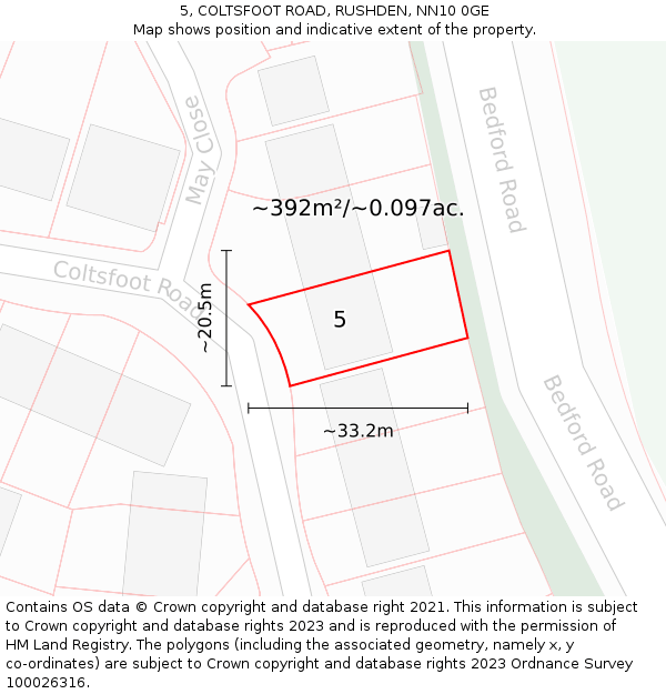 5, COLTSFOOT ROAD, RUSHDEN, NN10 0GE: Plot and title map