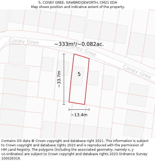 5, CONEY GREE, SAWBRIDGEWORTH, CM21 0DA: Plot and title map