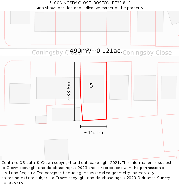 5, CONINGSBY CLOSE, BOSTON, PE21 8HP: Plot and title map