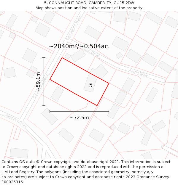 5, CONNAUGHT ROAD, CAMBERLEY, GU15 2DW: Plot and title map