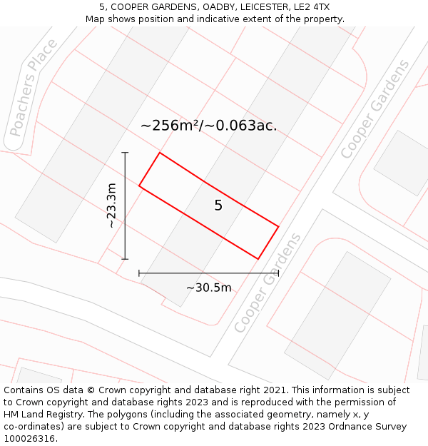 5, COOPER GARDENS, OADBY, LEICESTER, LE2 4TX: Plot and title map