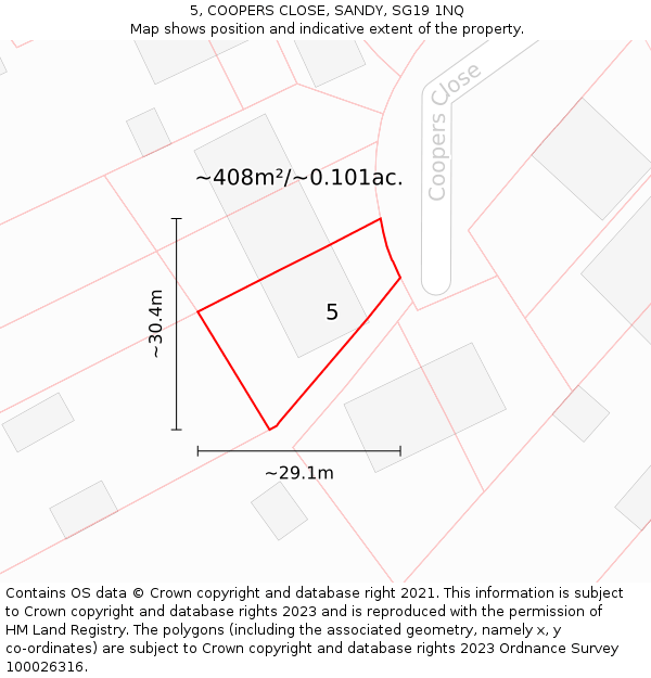 5, COOPERS CLOSE, SANDY, SG19 1NQ: Plot and title map
