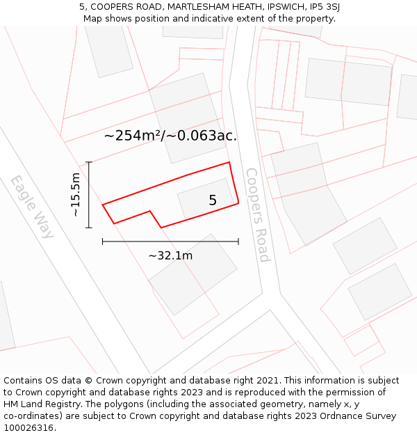 5, COOPERS ROAD, MARTLESHAM HEATH, IPSWICH, IP5 3SJ: Plot and title map