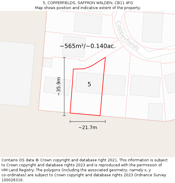 5, COPPERFIELDS, SAFFRON WALDEN, CB11 4FG: Plot and title map