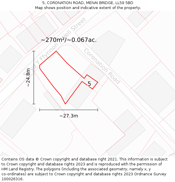 5, CORONATION ROAD, MENAI BRIDGE, LL59 5BD: Plot and title map