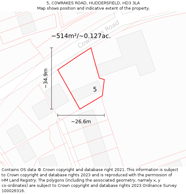 5, COWRAKES ROAD, HUDDERSFIELD, HD3 3LA: Plot and title map