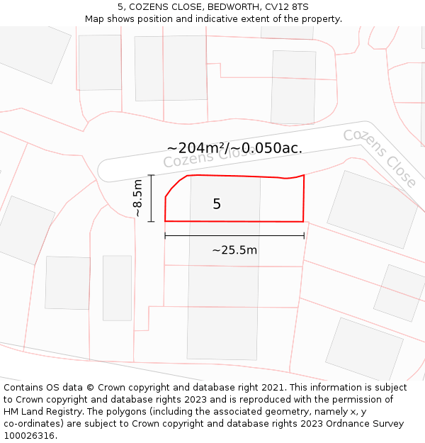 5, COZENS CLOSE, BEDWORTH, CV12 8TS: Plot and title map