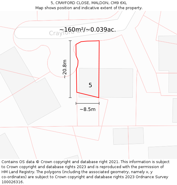 5, CRAYFORD CLOSE, MALDON, CM9 6XL: Plot and title map