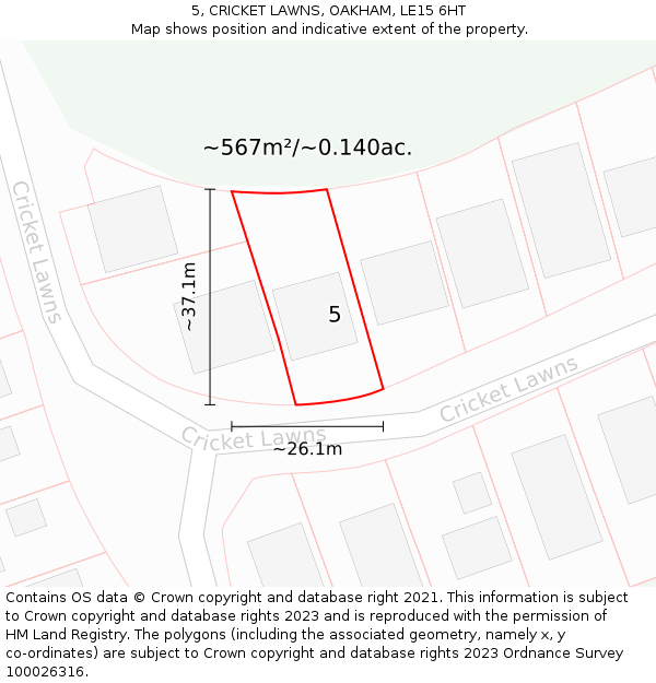 5, CRICKET LAWNS, OAKHAM, LE15 6HT: Plot and title map