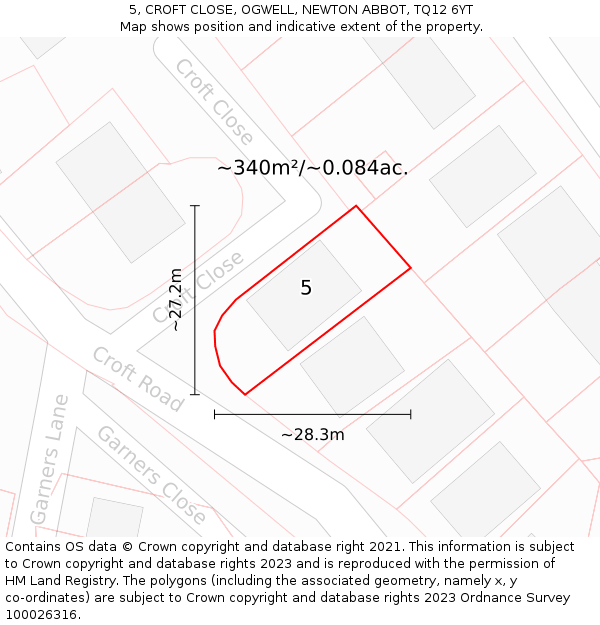 5, CROFT CLOSE, OGWELL, NEWTON ABBOT, TQ12 6YT: Plot and title map