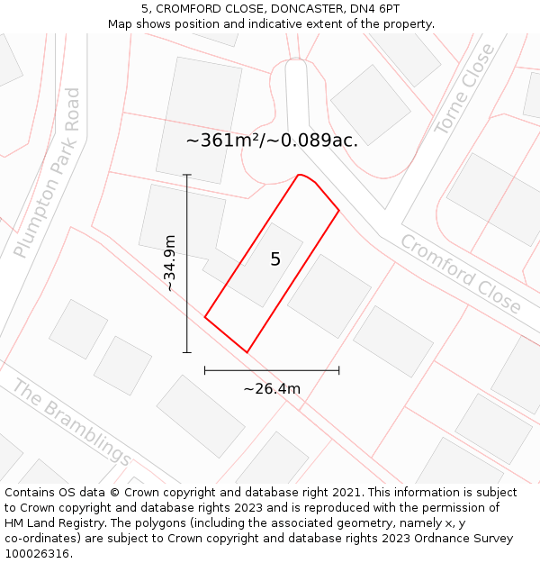 5, CROMFORD CLOSE, DONCASTER, DN4 6PT: Plot and title map