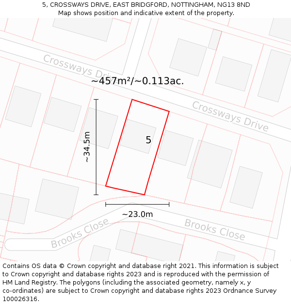 5, CROSSWAYS DRIVE, EAST BRIDGFORD, NOTTINGHAM, NG13 8ND: Plot and title map