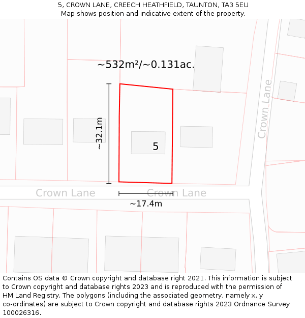 5, CROWN LANE, CREECH HEATHFIELD, TAUNTON, TA3 5EU: Plot and title map