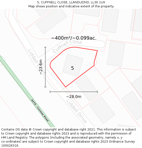 5, CUFFNELL CLOSE, LLANDUDNO, LL30 1UX: Plot and title map