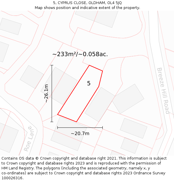 5, CYPRUS CLOSE, OLDHAM, OL4 5JQ: Plot and title map