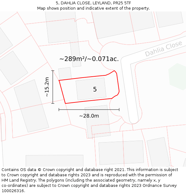 5, DAHLIA CLOSE, LEYLAND, PR25 5TF: Plot and title map