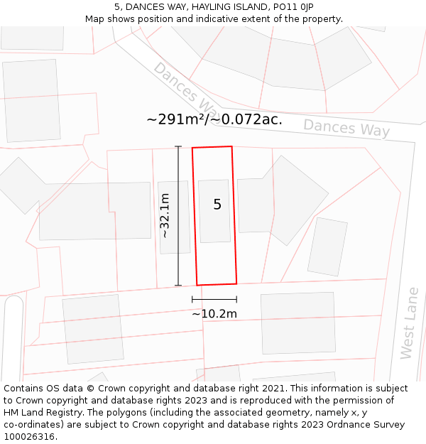 5, DANCES WAY, HAYLING ISLAND, PO11 0JP: Plot and title map