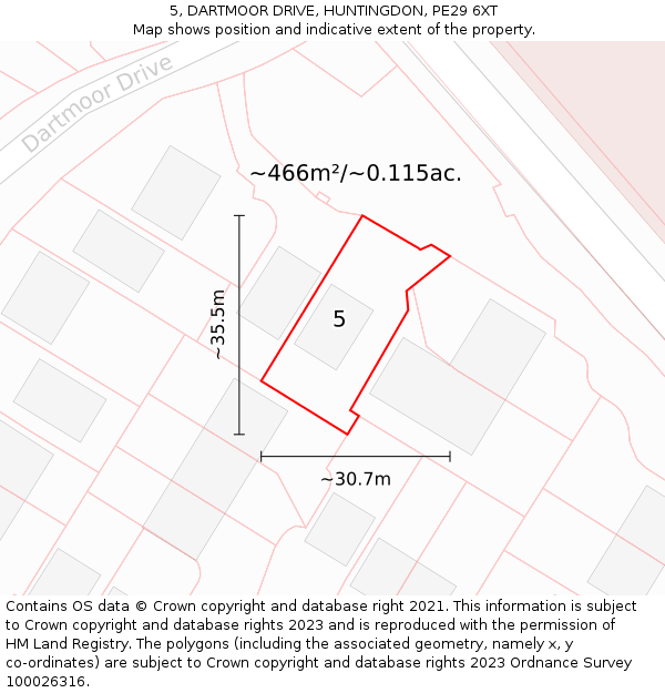 5, DARTMOOR DRIVE, HUNTINGDON, PE29 6XT: Plot and title map