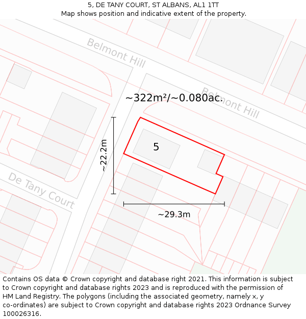 5, DE TANY COURT, ST ALBANS, AL1 1TT: Plot and title map