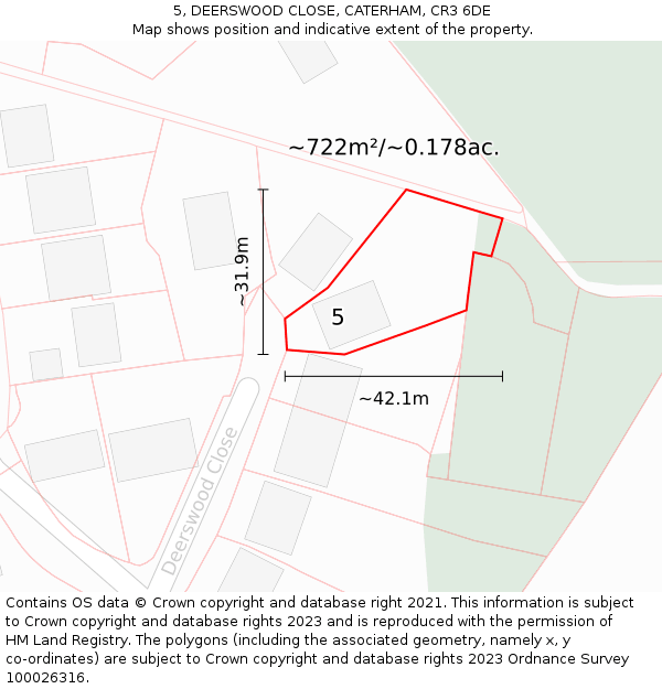 5, DEERSWOOD CLOSE, CATERHAM, CR3 6DE: Plot and title map