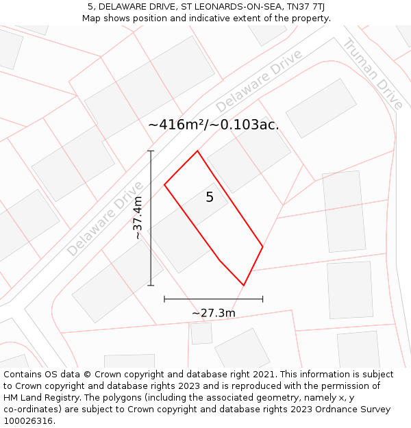 5, DELAWARE DRIVE, ST LEONARDS-ON-SEA, TN37 7TJ: Plot and title map