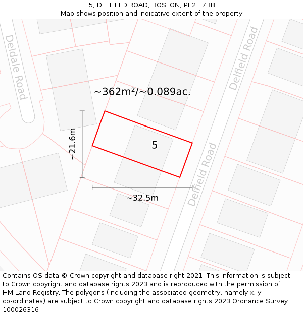 5, DELFIELD ROAD, BOSTON, PE21 7BB: Plot and title map