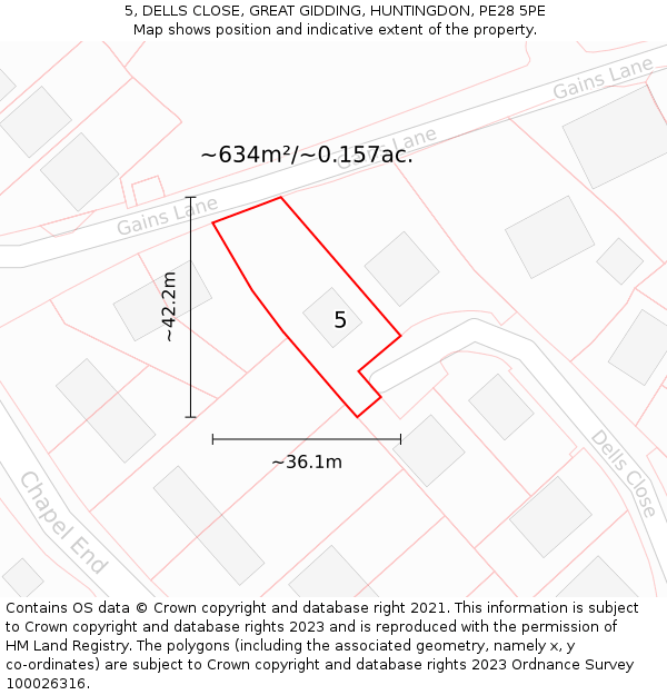 5, DELLS CLOSE, GREAT GIDDING, HUNTINGDON, PE28 5PE: Plot and title map