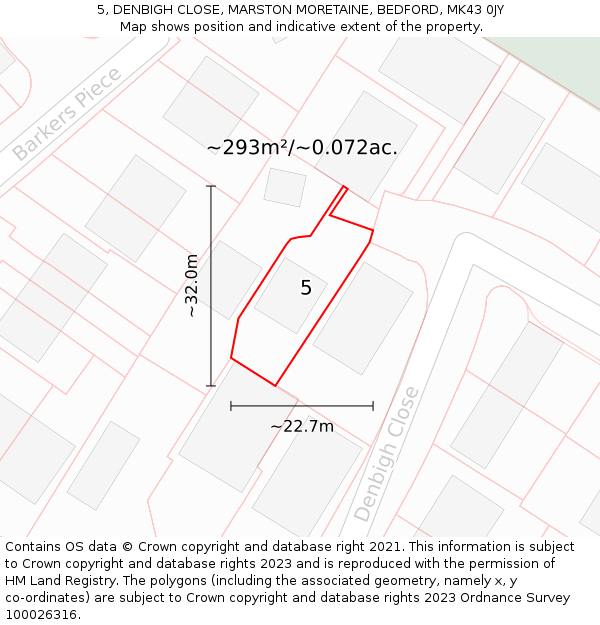 5, DENBIGH CLOSE, MARSTON MORETAINE, BEDFORD, MK43 0JY: Plot and title map