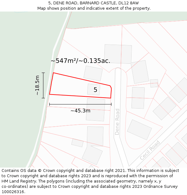 5, DENE ROAD, BARNARD CASTLE, DL12 8AW: Plot and title map