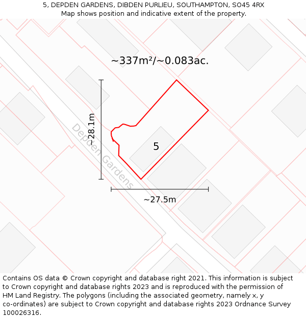 5, DEPDEN GARDENS, DIBDEN PURLIEU, SOUTHAMPTON, SO45 4RX: Plot and title map