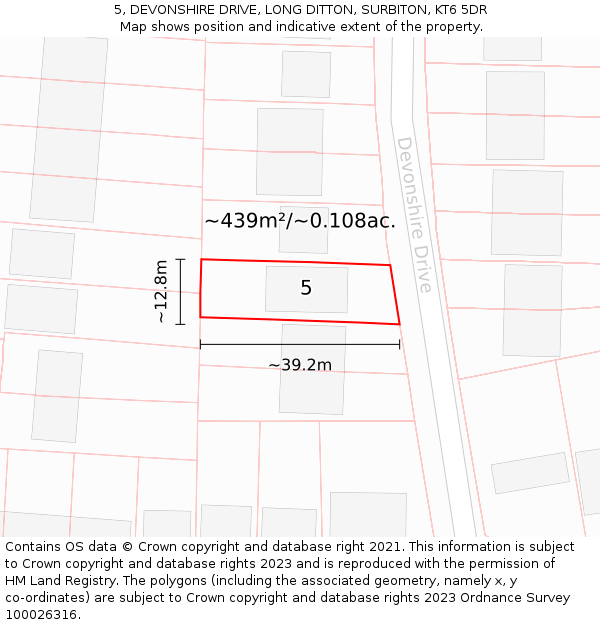 5, DEVONSHIRE DRIVE, LONG DITTON, SURBITON, KT6 5DR: Plot and title map