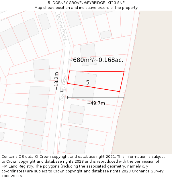 5, DORNEY GROVE, WEYBRIDGE, KT13 8NE: Plot and title map