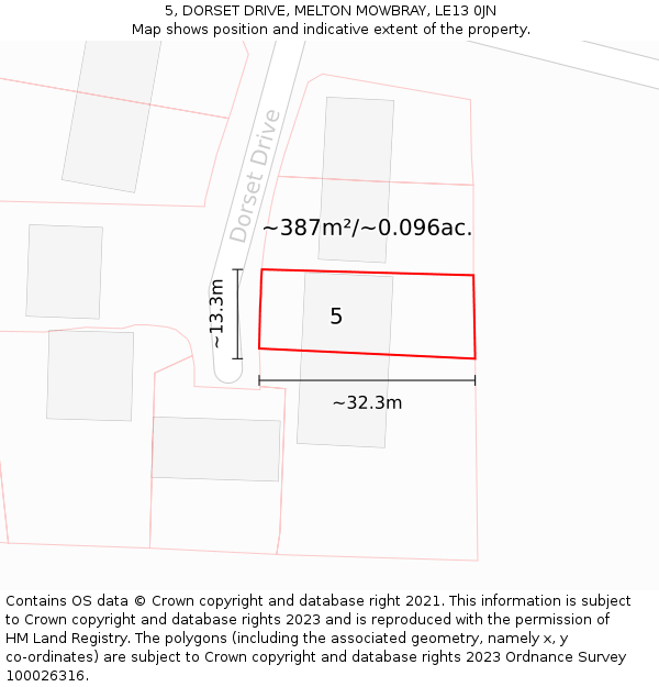 5, DORSET DRIVE, MELTON MOWBRAY, LE13 0JN: Plot and title map