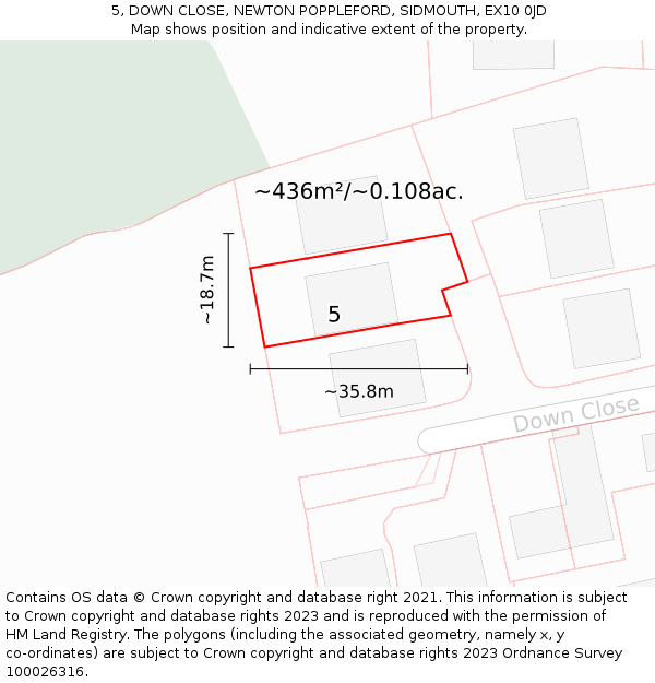 5, DOWN CLOSE, NEWTON POPPLEFORD, SIDMOUTH, EX10 0JD: Plot and title map