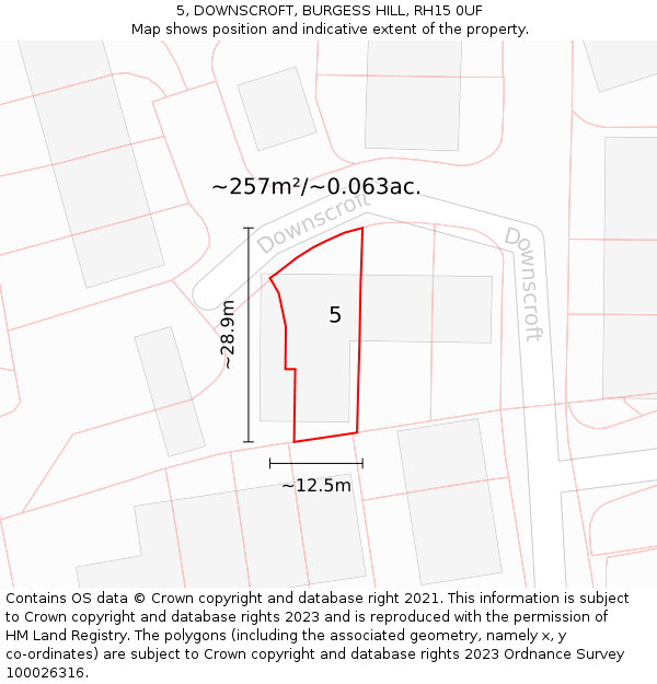 5, DOWNSCROFT, BURGESS HILL, RH15 0UF: Plot and title map