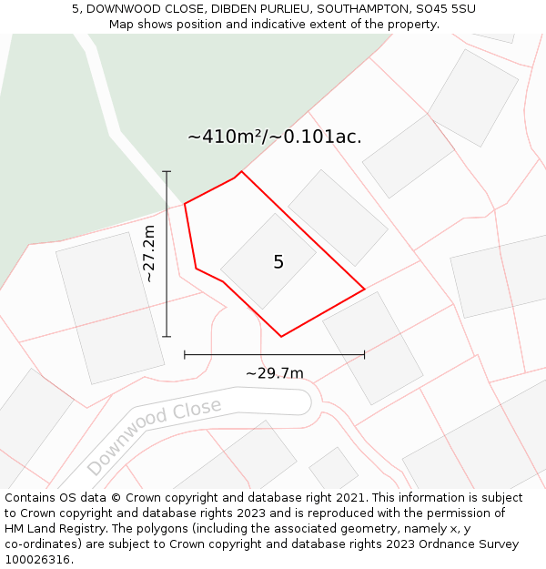 5, DOWNWOOD CLOSE, DIBDEN PURLIEU, SOUTHAMPTON, SO45 5SU: Plot and title map