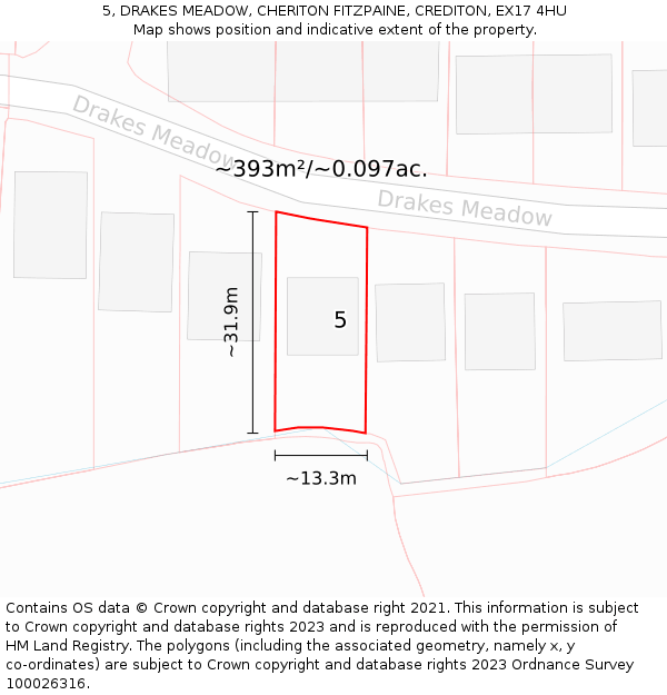 5, DRAKES MEADOW, CHERITON FITZPAINE, CREDITON, EX17 4HU: Plot and title map