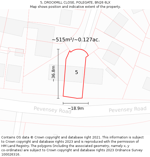 5, DROCKMILL CLOSE, POLEGATE, BN26 6LX: Plot and title map