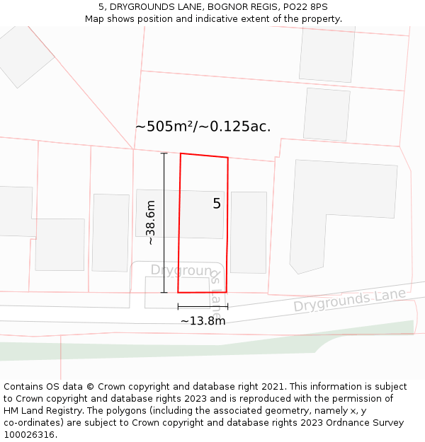 5, DRYGROUNDS LANE, BOGNOR REGIS, PO22 8PS: Plot and title map