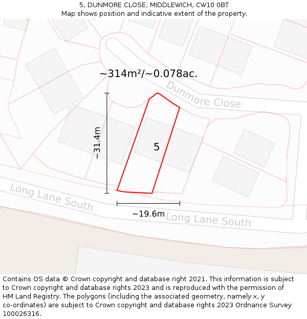 5, DUNMORE CLOSE, MIDDLEWICH, CW10 0BT: Plot and title map