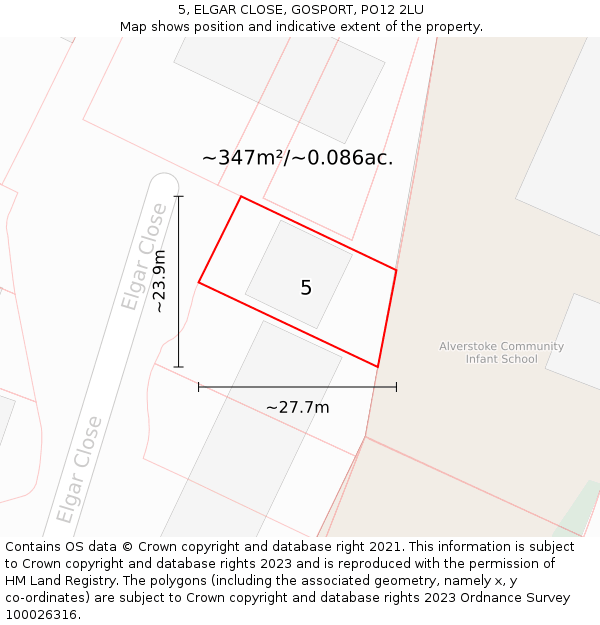 5, ELGAR CLOSE, GOSPORT, PO12 2LU: Plot and title map