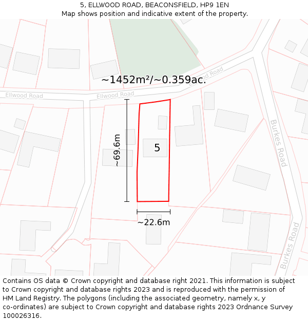 5, ELLWOOD ROAD, BEACONSFIELD, HP9 1EN: Plot and title map