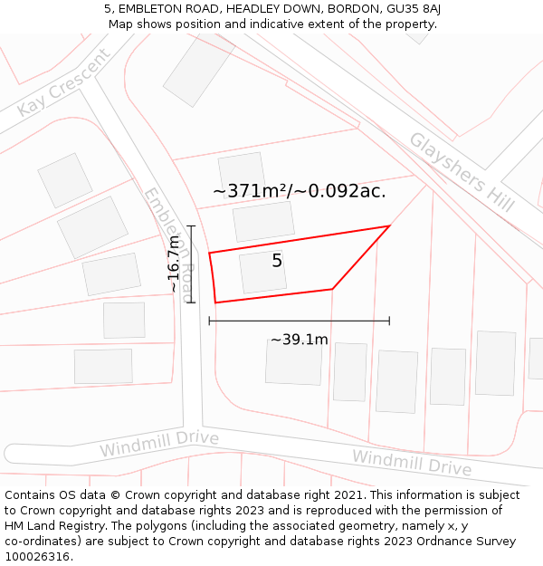 5, EMBLETON ROAD, HEADLEY DOWN, BORDON, GU35 8AJ: Plot and title map