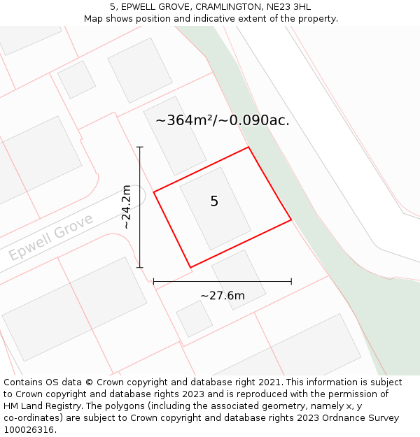 5, EPWELL GROVE, CRAMLINGTON, NE23 3HL: Plot and title map